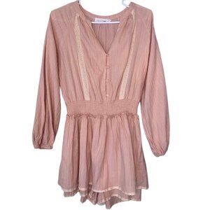 All In Favor Peach Cotton Long Sleeve Shorts Romper Buttons and Lace